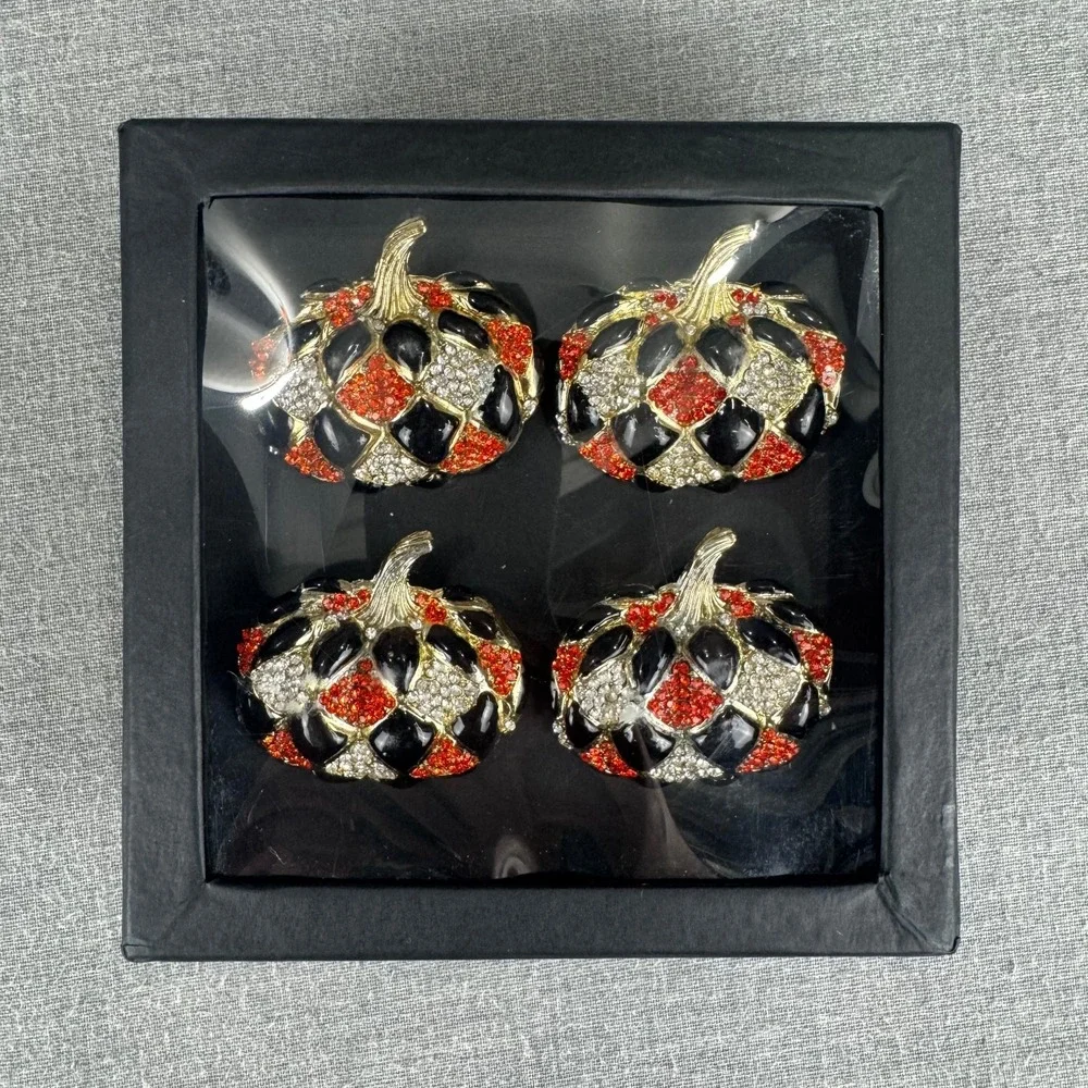 Tahari Home Pumpkin Napkin Rings Set of 4 Rhinestone Black Orange Gold Halloween